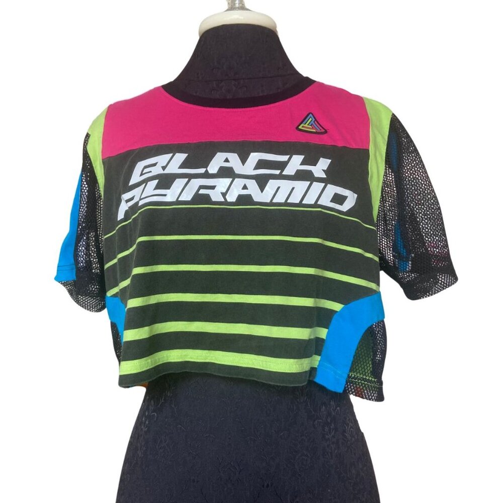 Chris Brown's Black Pyramid Color Block Mesh Short Sleeve Crop Top Women's M